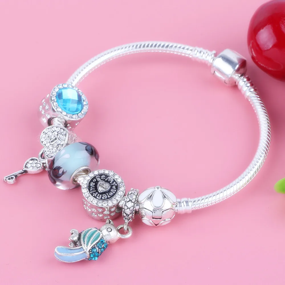 Couqcy Hot Bracelet Heart Shaped Pendant Blue Bird Pendant Flower Positioning Buckle Series DIY