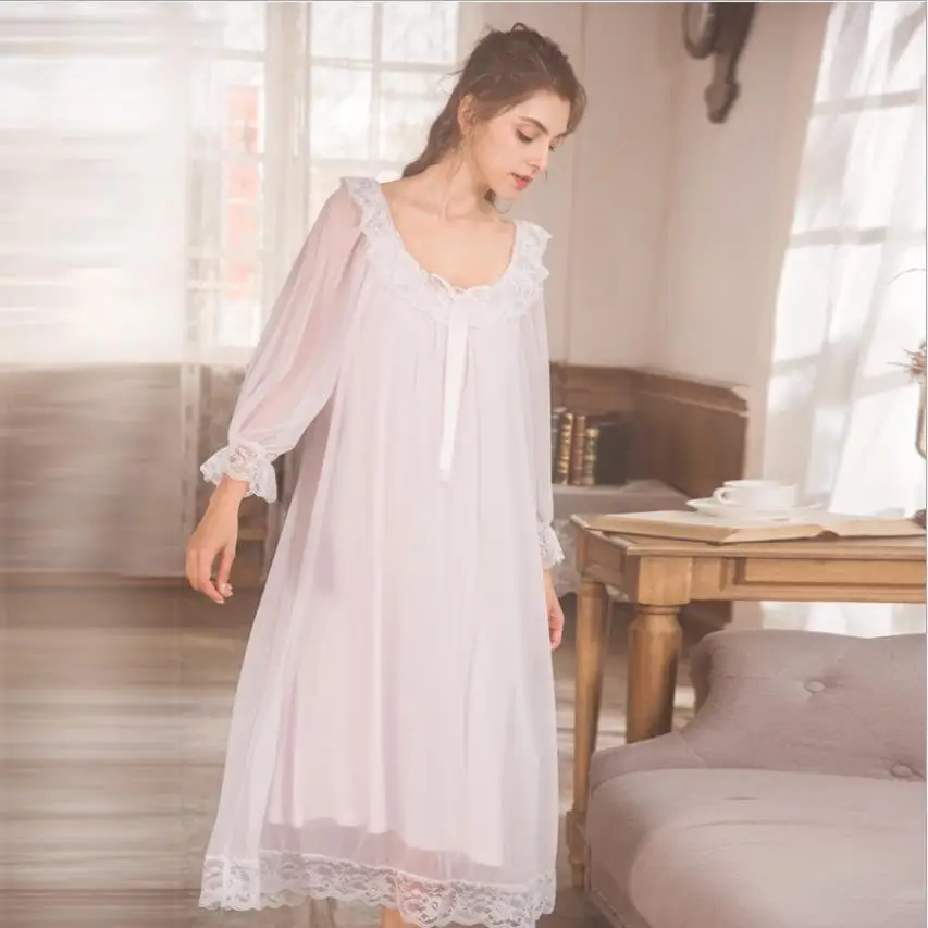 

Lolita sleep dress Nightgown sleepwear Women White Long Pijamas ruffles stitching Princess Sleepwear dress nightdress wq1782