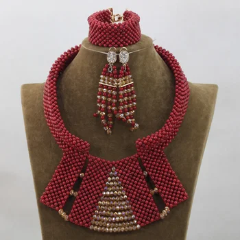 

Wine Red African Coral Women Jewelry Sets for Wedding Bib Statement Necklace Set Champagne Gold Jewelry Free ShippingABH085