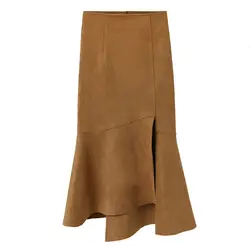2019 Новые Элегантные замшевые юбка Для женщин ассиметричный, с высокой талией Для женщин юбки одноцветное рыбий хвост тонкий женские юбки