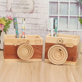 

Retro Camera Double-layer Pen Holders Creative Desk Organizer Wooden Pen Pencil Case Holder Stand Learning Stationery Storage
