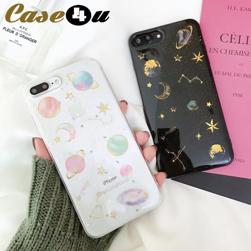 

Universe Planet Stars Sky Space Moons Phone Case for iPhone XS X 10 7 8 6s Plus Glitter Powder Crystal Soft Silicone Cover coque