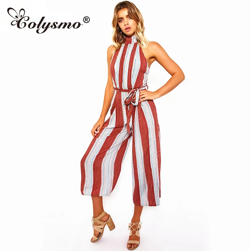 Colysmo Wine Red Stripe Wide Leg Jumpsuit 2017 New Summer Halter Capri