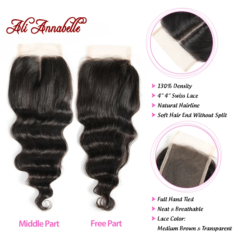 ALI ANNABELLE HAIR Brazilian Loose Wave Lace Closure Free Middle Part 4PCS Human Hair Bundles With Closure Remy Hair Extension