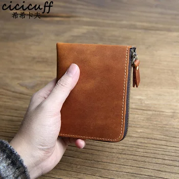 

Genuine Leather Male Purse Crazy Horse Leather Money Bag Vintage Short Small Zipper Wallet Men High Quality Cool Coin Pocket