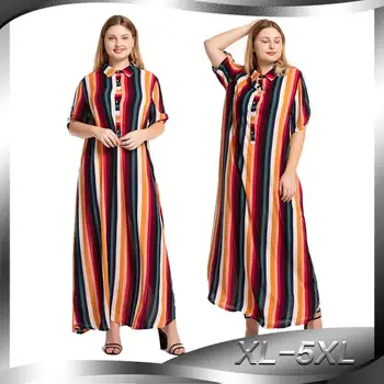 

2019 Casual Women Summer Dress Peter Pan Collar Short Sleeve Patchwork Striped Loose Dress Big Size 5XL Robe longue femme