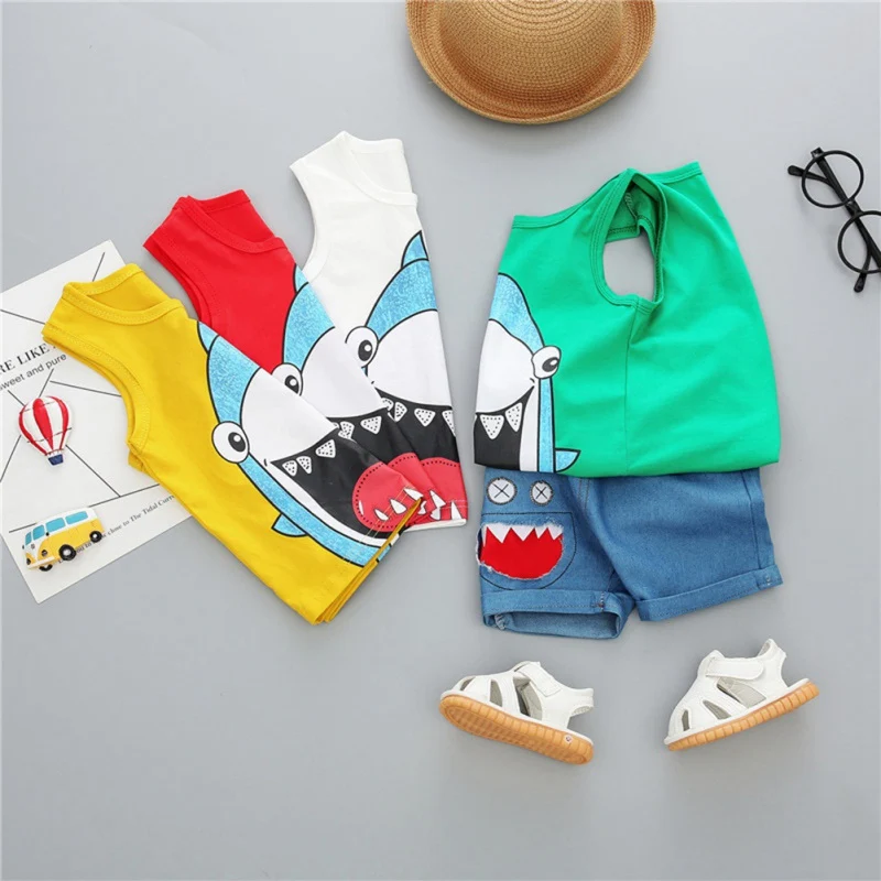 Summer Casual Children Cartoon Shark Pattern Sleeveless Garment And Denim Pant Boys Girls Kit Kids Two-piece Outfit Set 0-4Y Summer Casual Children Cartoon Shark Pattern Sleeveless Garment And Denim Pant Boys Girls Kit Kids Two-piece Outfit Set 0-4Y