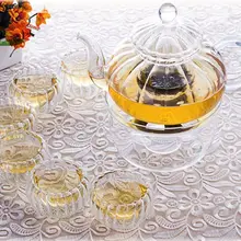 1х стеклянный чайный набор в форме тыквы C-1* 640 мл термостойкий чайник+ 6 х 35 мл чашки+ 1* Круглый подогреватель