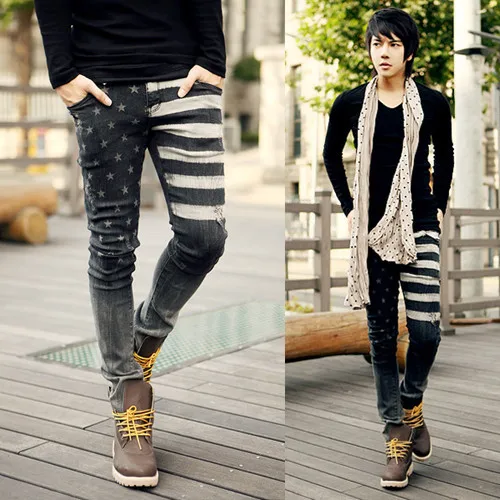 2015 American flag jeans for men water wash low waist skinny jeans