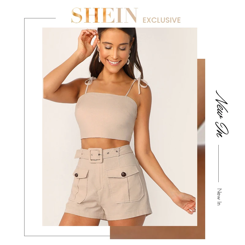 SHEIN топ на завязках и регулируемые шорты с поясом комплект сексуальный хаки сплошной Спагетти ремень летний без рукавов Женский комплект из 2 предметов