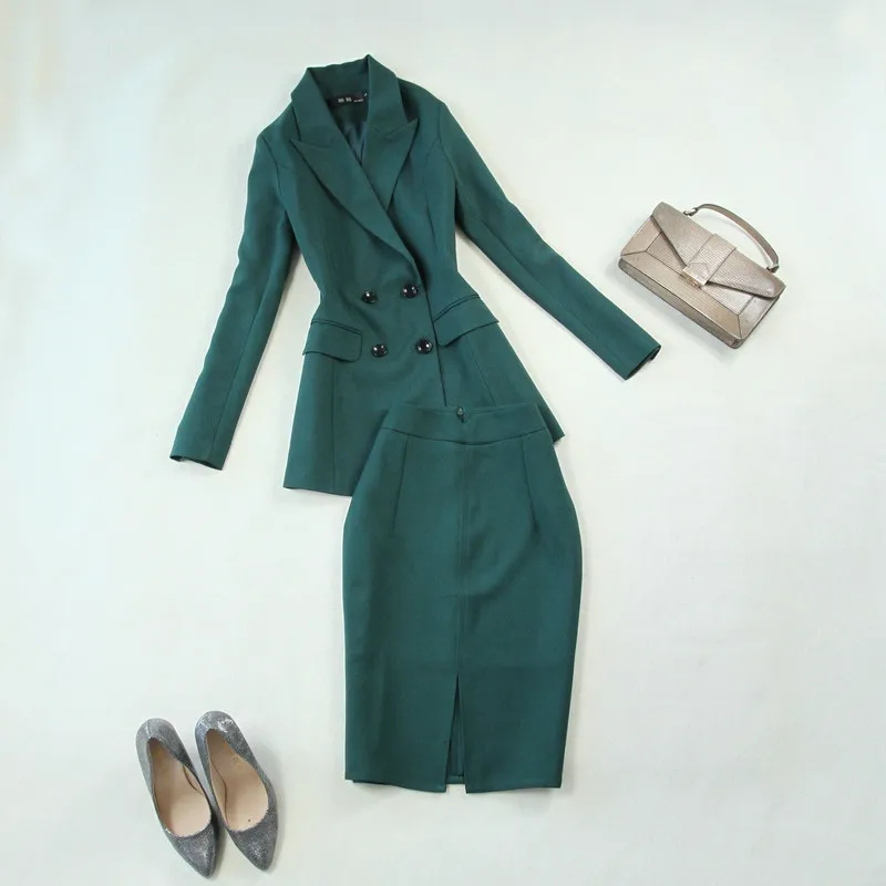 

Professional Skirt Set 2019 Autumn New Dark Green Slim Long Sleeve Double-breasted Long Suit +Pencil Bag Hip Skirt Two-piece Set