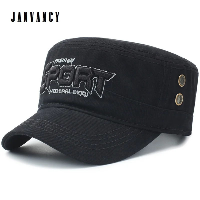 

Flat Top Military Hat with Raised embroidered letter Pre-curved visor Breathable eyelet Adjustable Retro Postman Cap Kepi Army