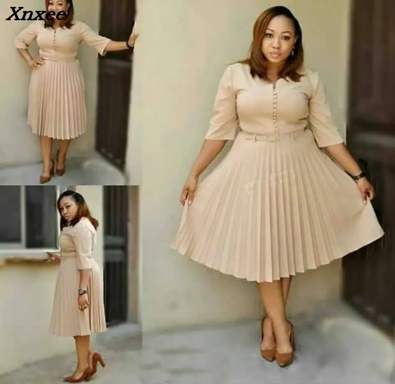 

2018 Navy Blue Autumn Winter Dress Big Size Elegant Half Sleeve Knee Length Dress Women Office Work Dresses Pleat Women Clothing