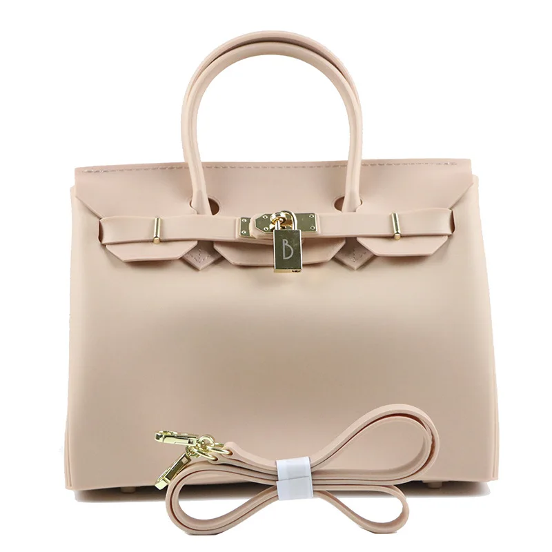 

Jellyooy 30cm Matte Large Size Letter B Padlock Women Plastic PVC Jelly Handbag Candy Color Shoulder Bag Beach Tote Bag