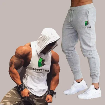 

2019 New Men Joggers Brand Trousers+Hooded vest Casual sportswear Men Gym Muscle Fitness Workout hip hop Elastic Pants