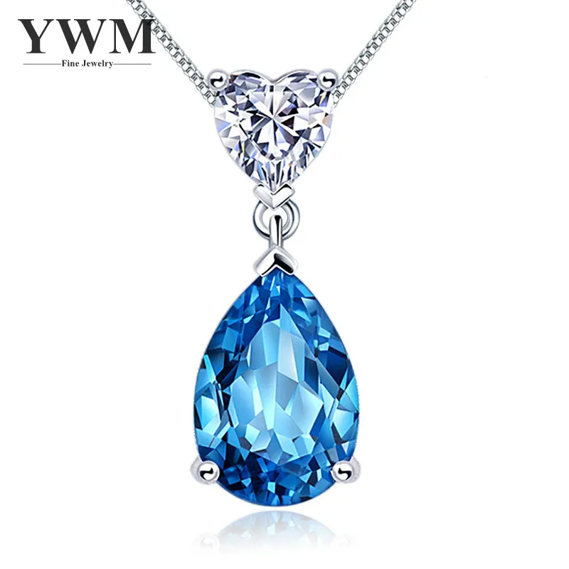 

YWM JEWELS Silver 925 Blue Crystal Water-drop Necklace Pendant Necklace with Chain Zircon Zodiac Fashion Jewelry for Women