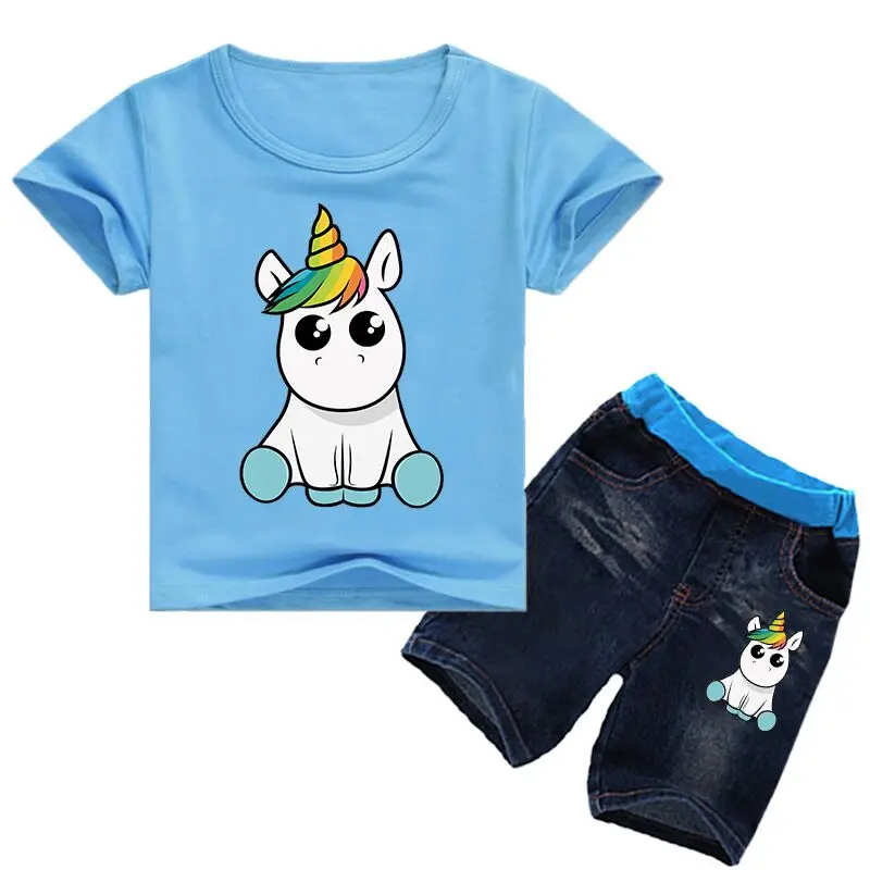 

Retail Summer Cartoon T-shirts Tees + Jeans Shorts 2pcs Sets 2-12T Unicorn Printed Children Clothes Tracksuit Boy Girls Clothing