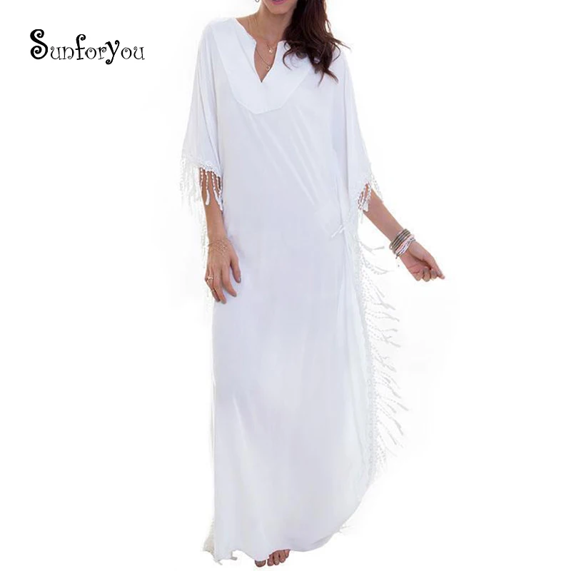 Plus size Beach Cover up Tassel White Beach Dress Vestido de Playa