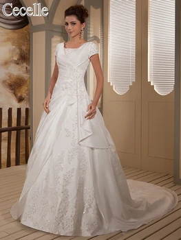 

New Ivory Ball Gown Modest Wedding Dresses With Cap Sleeves Beaded Appliques Taffeta Vintage Ceremony Bridal Gowns Custom