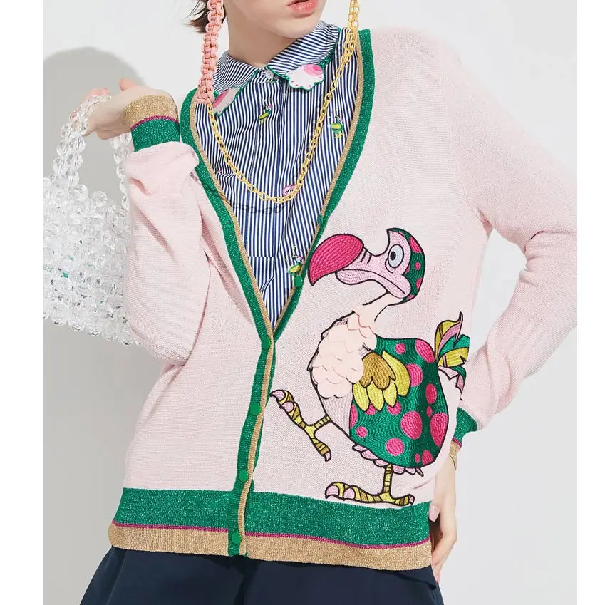 ^*Best Offers Cut Pink Long Cardigan 2019 New Contrast Color Trim Embroidered Cartoon Toucan Knit Cardigan Women V-neck Kawaii Sweater Coat ^*Best Offers Cut Pink Long Cardigan 2019 New Contrast Color Trim Embroidered Cartoon Toucan Knit Cardigan Women V-neck Kawaii Sweater Coat