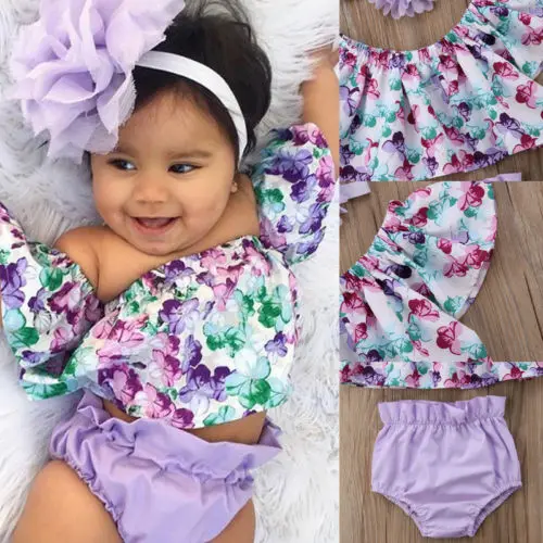 Pudcoco New Cute Baby Girl Purple Floral Tops Shirts Shorts Bottoms