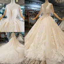 Elegante Sheer Alta Neck Tassel Lace Bola Vestidos de Casamento Vestido de Cristal Royal Train Vestidos de Noiva 2018 Vestidos De Novia Boda