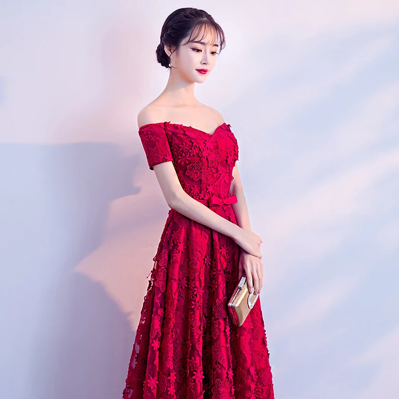 Elegant Wine Red Evening Dresses Long Boat Neck Off The Shoulder Floor-Length Lace Formal Dresses For Women Evening Gowns LF423
