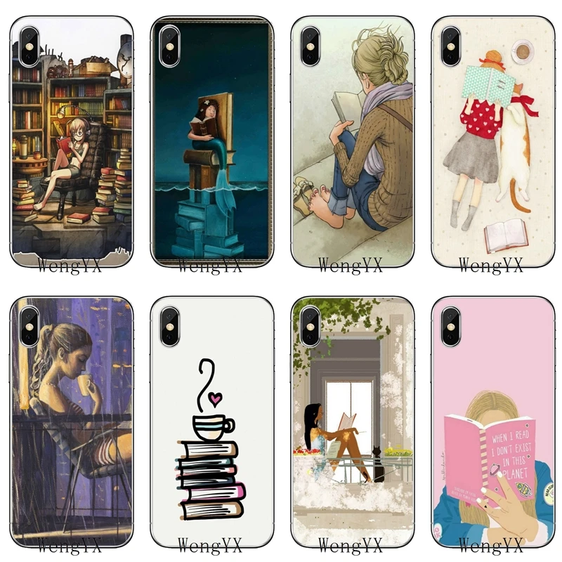 

For Apple iPhone X XR XS Max 8 7 plus 6s 6 plus SE 5s 5c 5 4s 4 coffee Girl reading book TPU Soft phone cover case