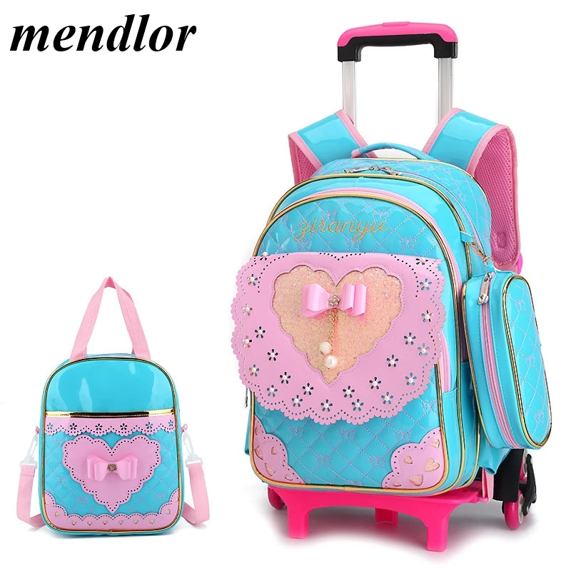 

Cute Bow New Princess Style Girls Trolley School Bag 3PCS/set PU Leather Waterproof Wheeled Backpack Ruffles Removable Backpack