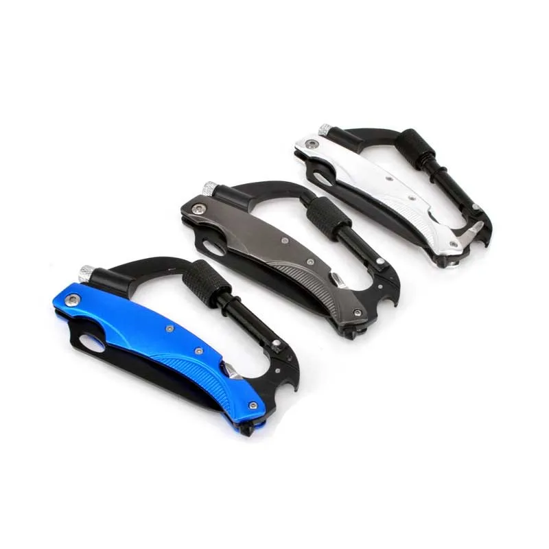 

self defense Multi Functional Stainless Tactical Camping Carabiner Clip Hook KeyChain Crabiner Knife EDC Tool LED Key Chain FC