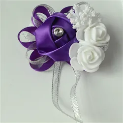 Silk Roses White Wrist Corsage for Bridesmaids - Elegant Floral Bracelet in Pink and Blue for Weddings (Deep - Purple)