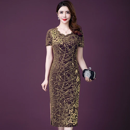 

2019 Spring Summer Short Sleeve Women Dress New Style Xxxl High End Cheongsam Mother Elegant Temperament Wedding Banquet Dresses