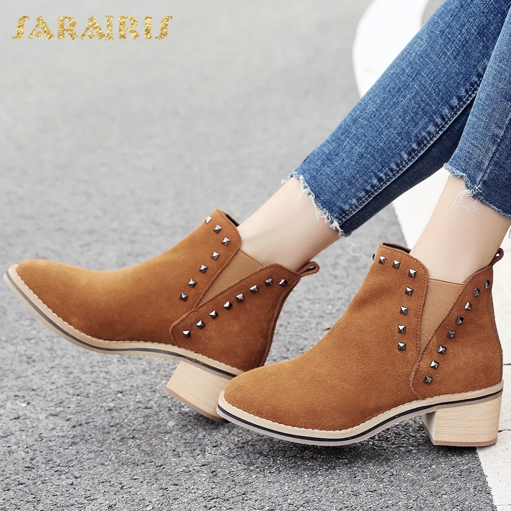 

SARAIRIS 2018 Large Size 33-43 Cow Suede Wholesale Elastic Band Ankle Boots Woman Shoes Rivet Square Heels Shoes Woman Boots
