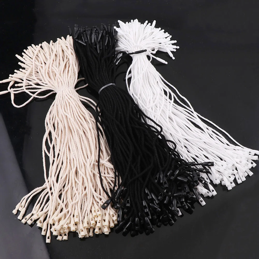 Plastic Tags 100PC /lot Plastic Tag White Beige Black Hang Tag Polyester Rope String Snap Lock Pin Loop Tie Fasteners