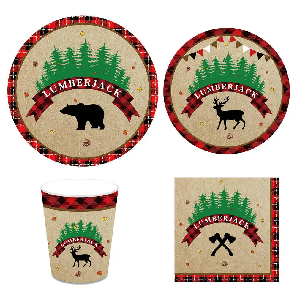 Omilut Lumberjack Birthday Party Disposable Tableware Set Lumberjack Bear Disposable Plates/Cups/Napkins Lumberjack Supplies - Color: a set
