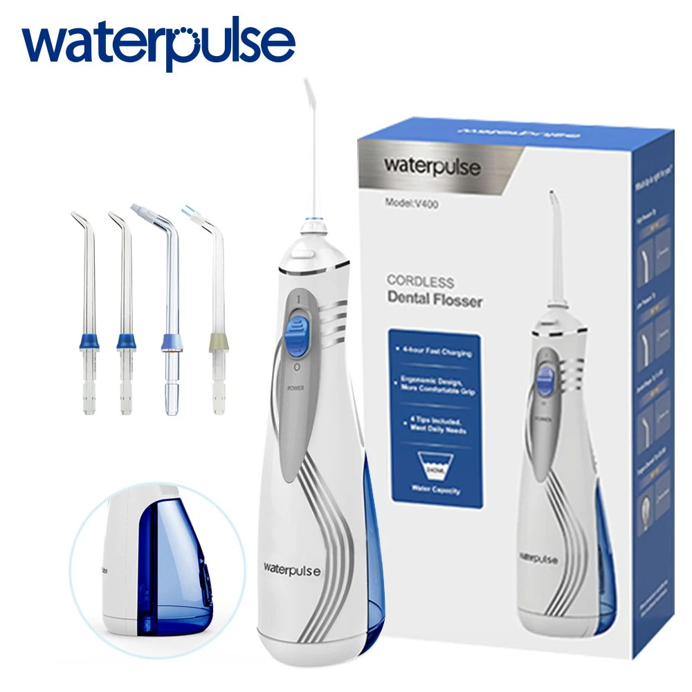 

Waterpulse V400 Dental Flosser Portable Water Flosser 240ML Waterproof Water Flossing With 4 Nozzles/Jet Tips Oral Irrigator