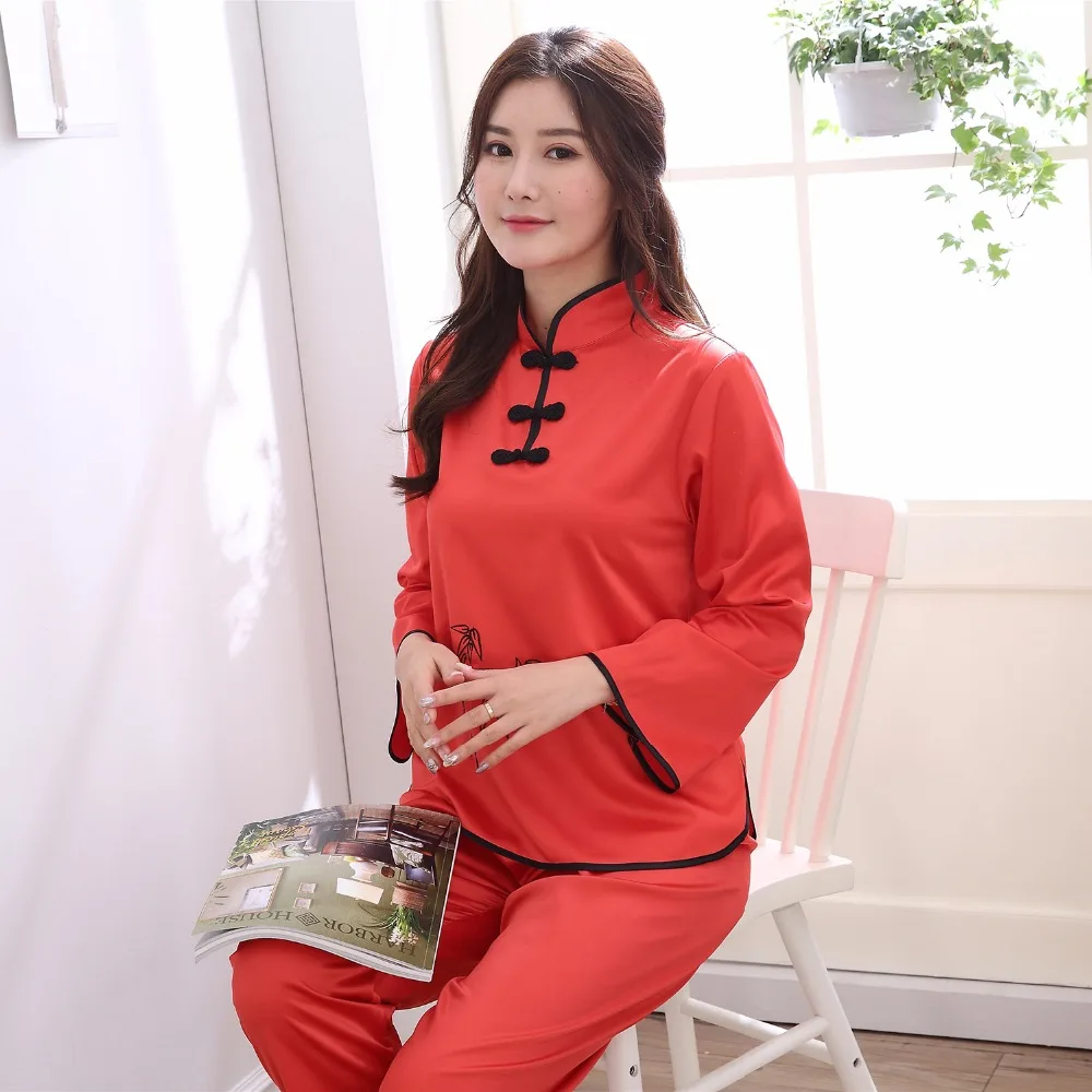 New Arrival Red Women Rayon Pajamas Set Vintage Embroidery Pyjamas Suit 2PCS Casual Lounge