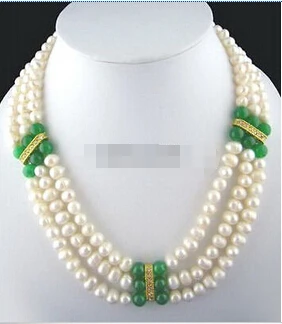 

FREE SHIPPING3 Rows Genuine White Pearl Green Jade Beads 18KGP Crystal Clasp Necklace