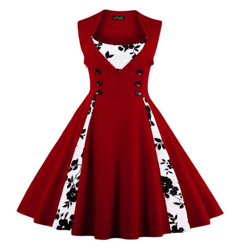 MISSJOY/одежда на булавке в ретро стиле; винтажные платья трапециевидной формы в клетку с цветочным принтом 50 s; Vestidos verano ; платье без рукавов с v-образным вырезом - Цвет: Wine red Floral
