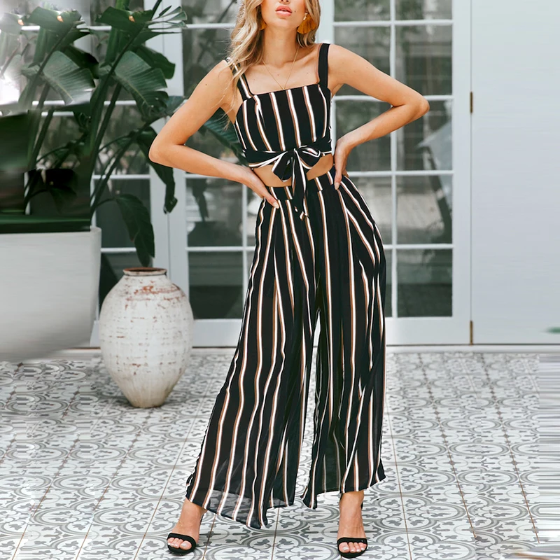 

Melegant Summer 2019 Sexy Casual Party Stripe Long Romper Women Jumpsuits Casual Bow Wide Leg OL Jumpsuit Rompers Sets