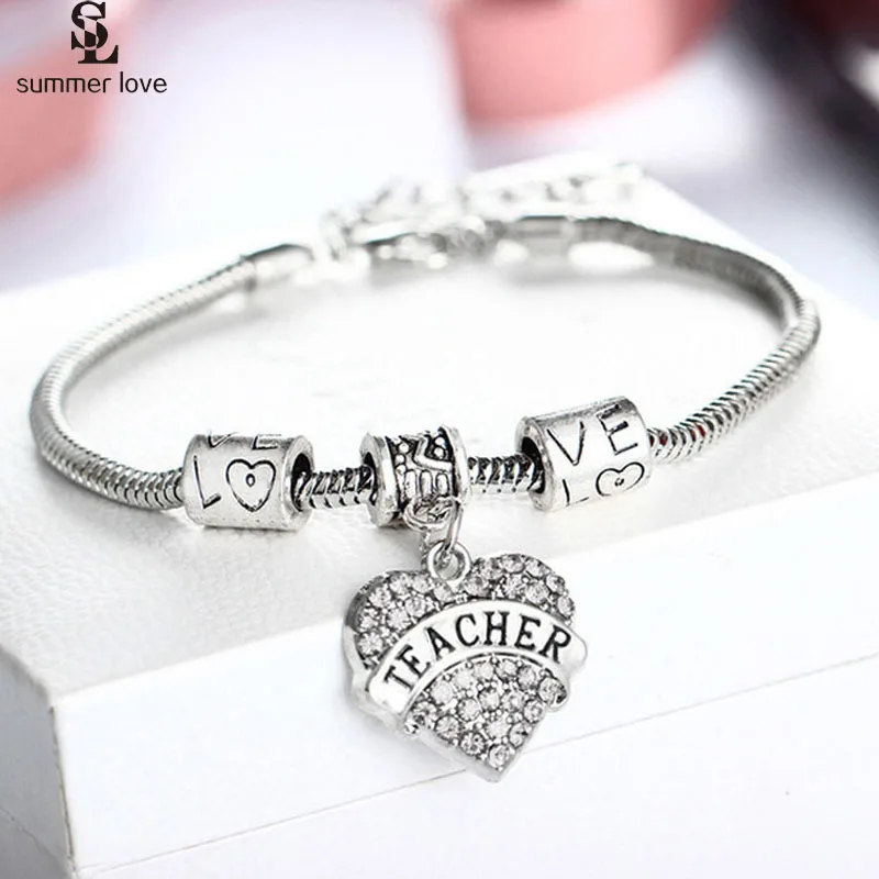 

2019 Love Family White Crystal Heart Jewelry Best Teacher Charm Bracelet Mother's and Teacher's Day Gifts Friendship Bracelet