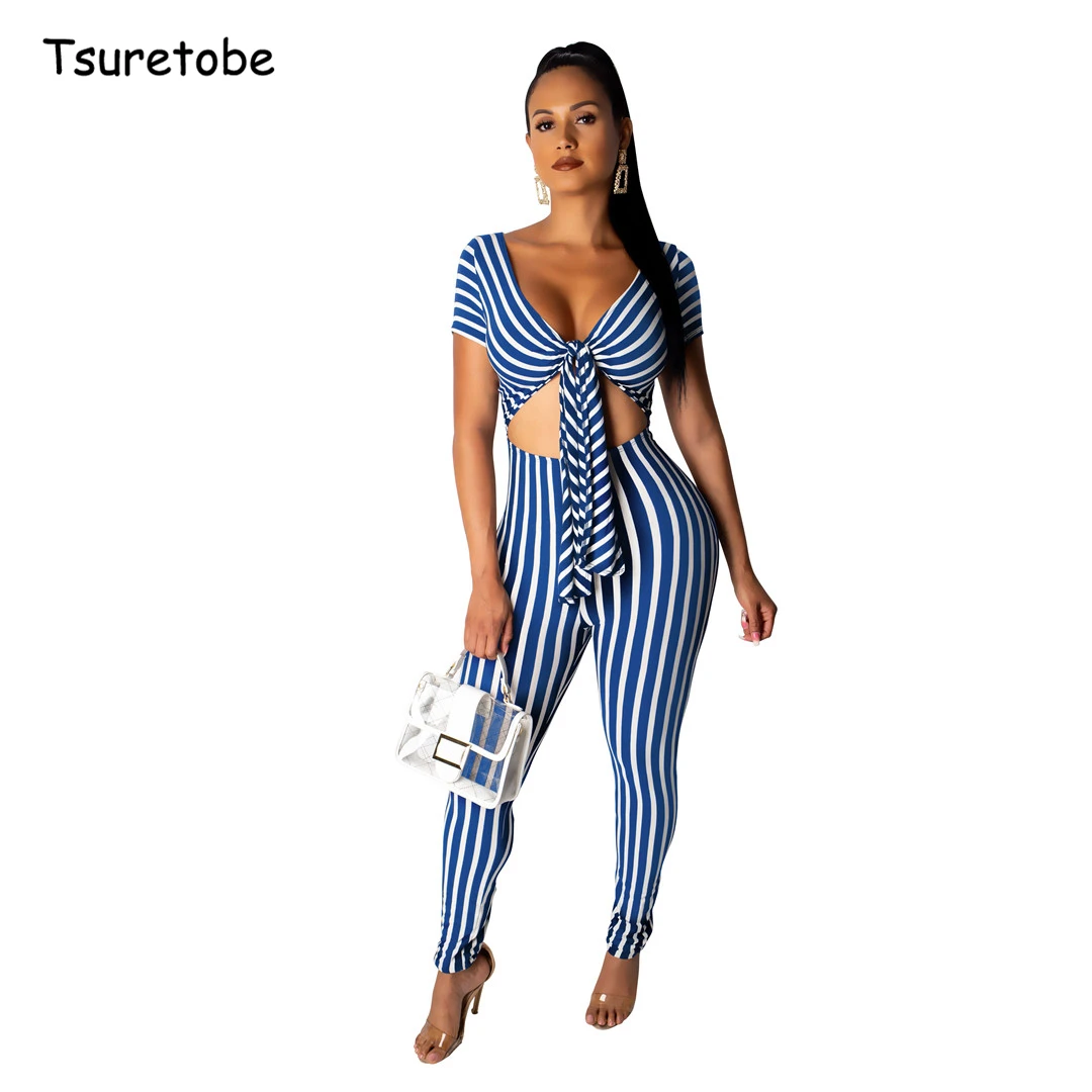 Tsuretobe Sexy Bandage Stripe jumpsuit Hollow Out Women Bodycon Deep V-neck Romper Short Sleeve Fashion Crop Overalls Female