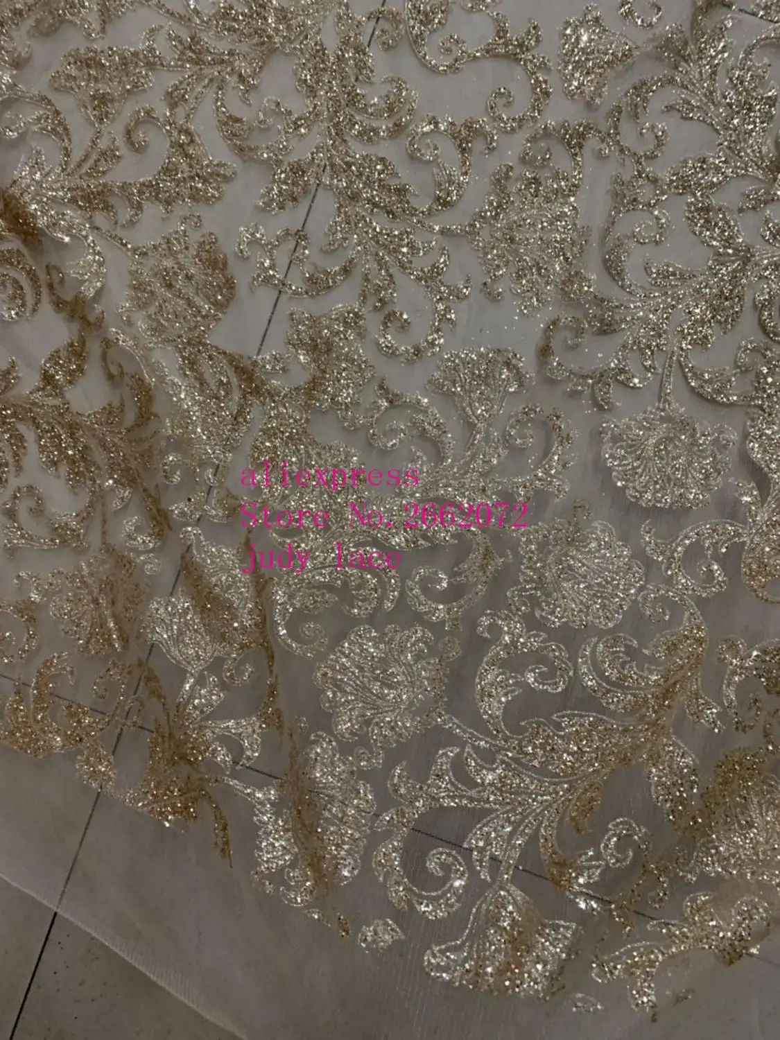stock 5yards/bag Champagne gold spinning thread glitter powder fashion French fabric wedding dress fashion design KC181# stock 5yards/bag Champagne gold spinning thread glitter powder fashion French fabric wedding dress fashion design KC181#