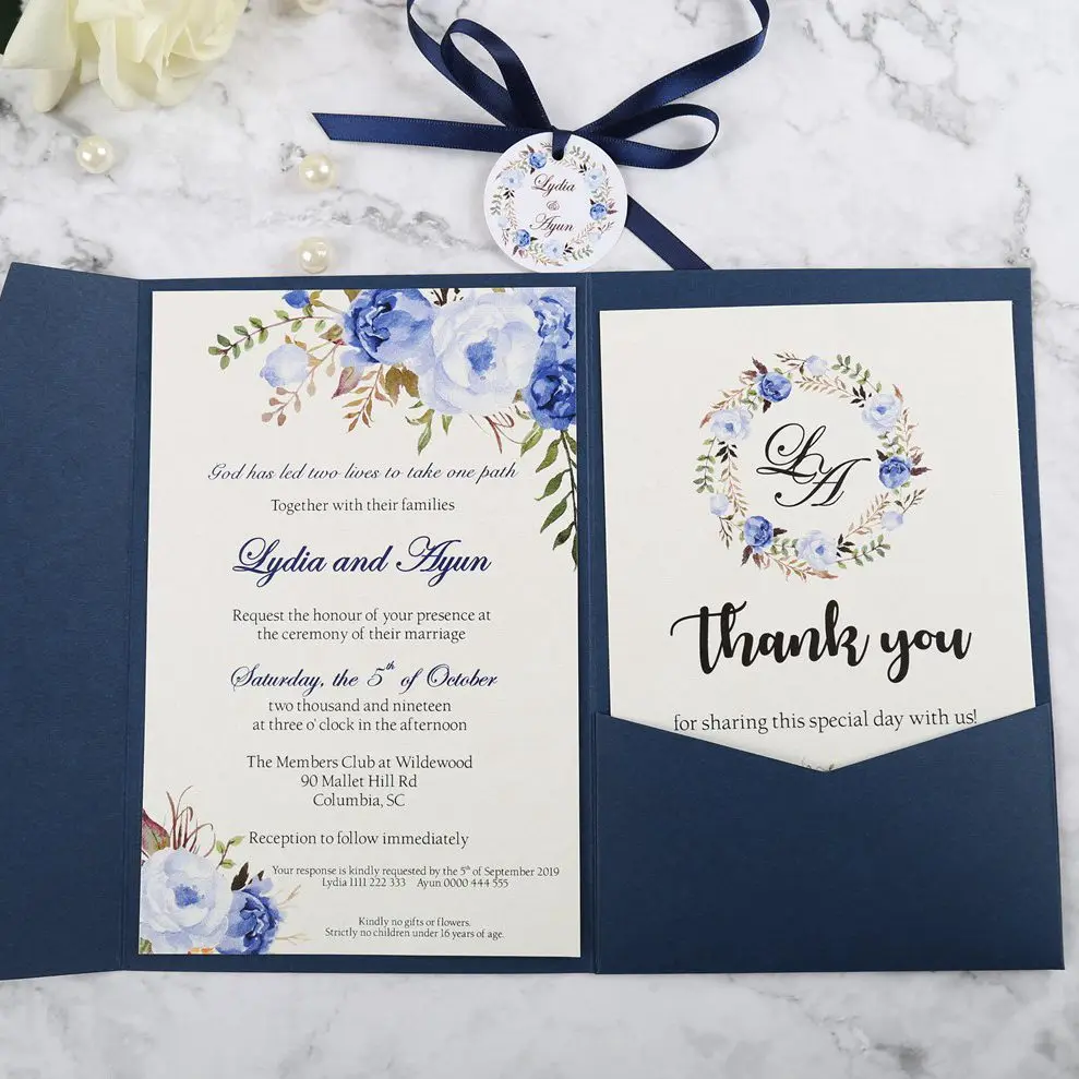 

50pc Wedding Invitation Navy Blue Pink Burgundy Greeting Card with Envelope Party With Ribbon and Tag