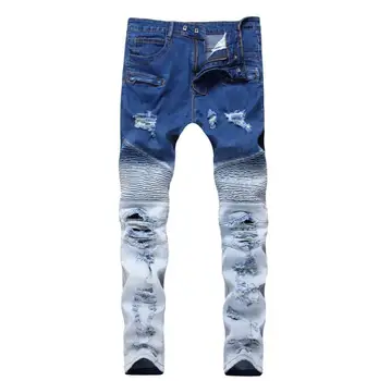 

High stretch Biker Jeans Men's Washed Destroyed Coloured Knee Hole Skinny Pants Size 28-42