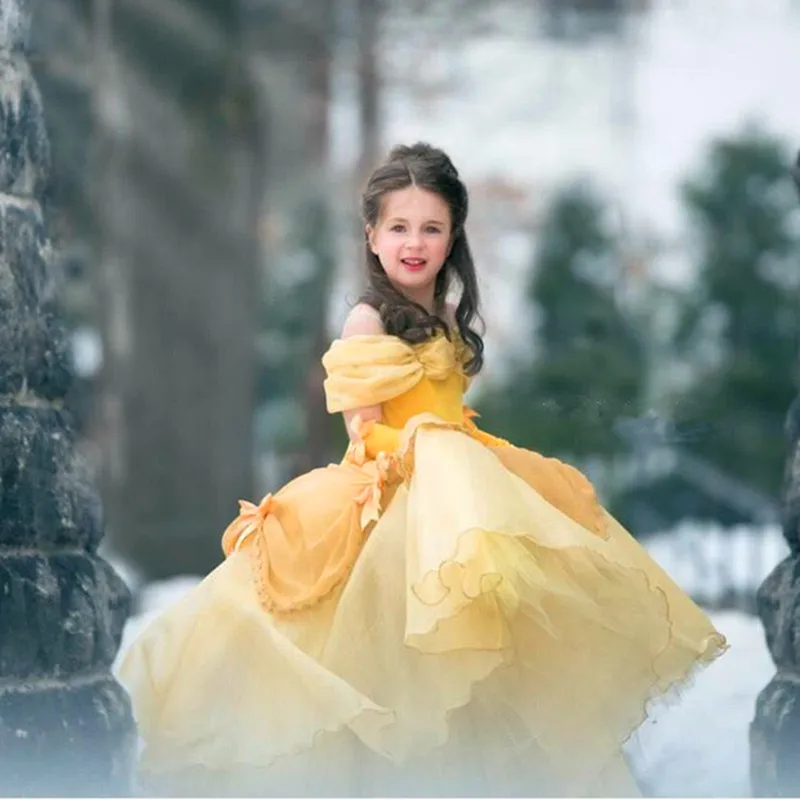 Карнавальный костюм принцессы Белль для девочек; нарядное платье на день рождения; детское длинное платье на Хэллоуин, Рождество; одежда красавицы и чудовища