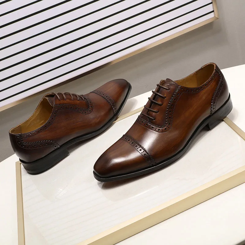 Осенние Роскошные Мужские модельные туфли; коричневая деловая официальная оксфордская обувь из натуральной кожи; мужская обувь ручной работы на шнуровке