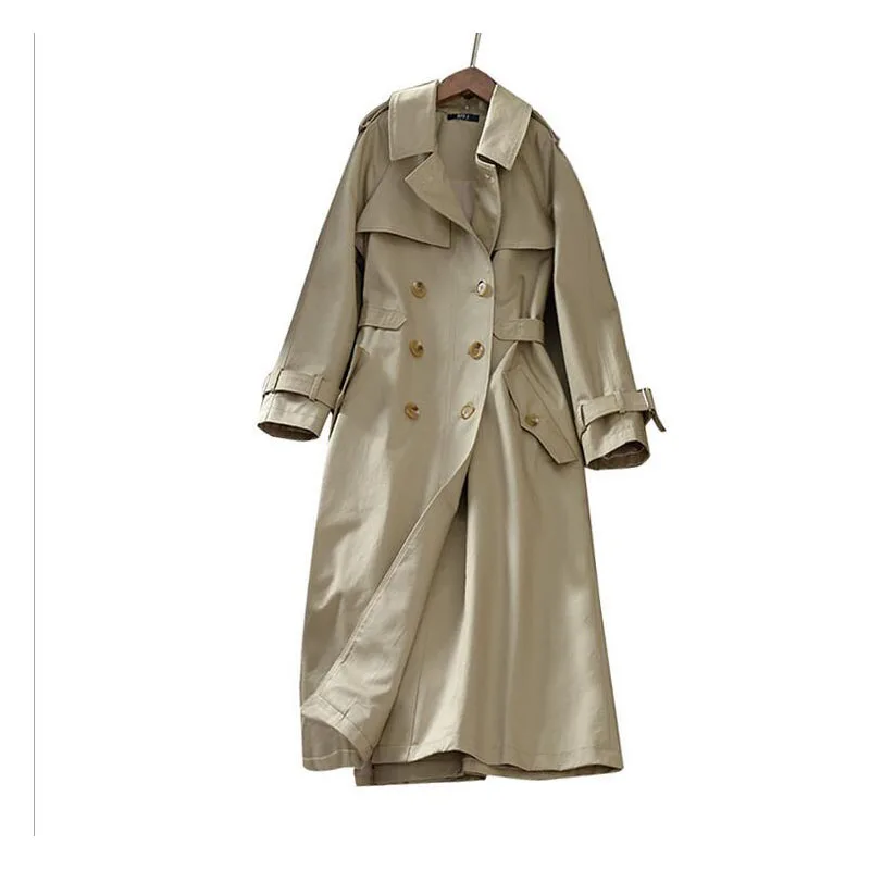 

khaki Trench Coat Casual women's long Outerwear loose clothes for lady with belt spring autumn fashion high quality army AA-353