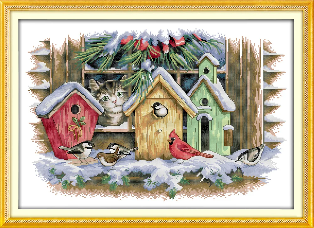 

New arrival 2018 A Cat and Birds' house Castle Cross Stitch DIY 11CT 14CT Cross-Stitch Kit Handmade Embroidery for Needlework