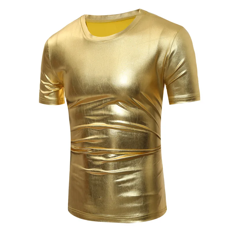 Крутая металлическая футболка с золотым покрытием, Мужская футболка с длинным рукавом и круглым вырезом, Мужская футболка для ночного клуба, мужские футболки, блестящая золотая футболка в стиле хип-хоп, Homme - Цвет: ZT-DT01 Gold